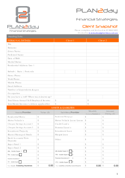 GPS - PLAN2day Client Snapshot Form