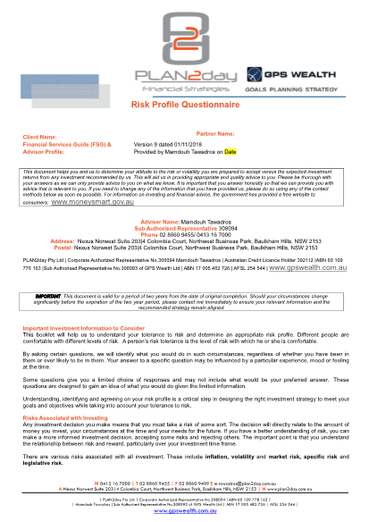 GPS - PLAN2day - Risk Profile Questionnaire Form - RP